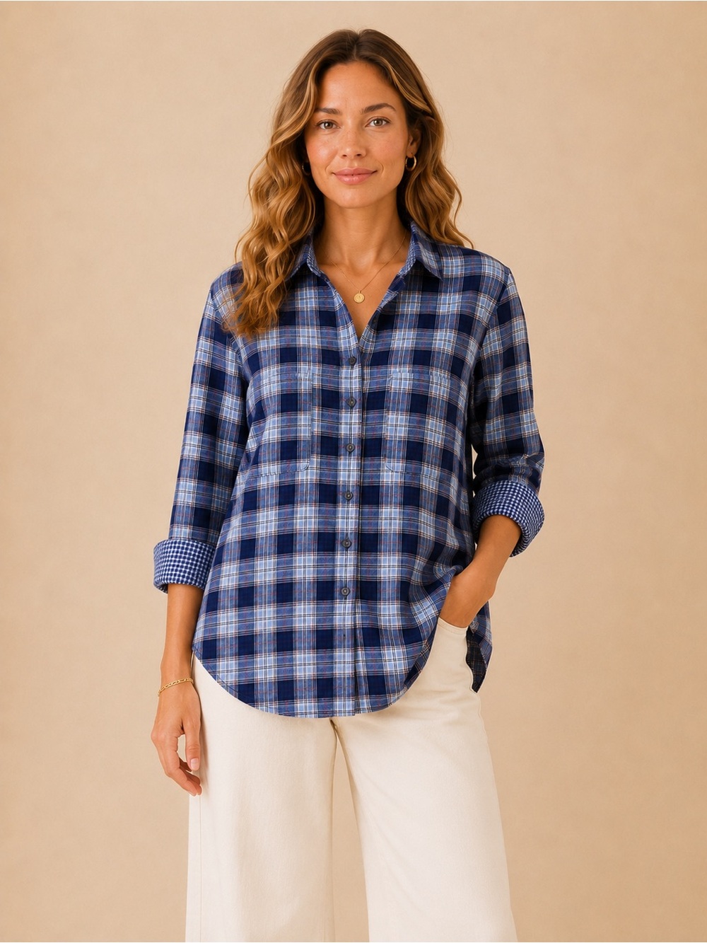 Seen Worn Kept Anthropologie Blue Plaid Button Down High-Low Tunic Shirt Coastal